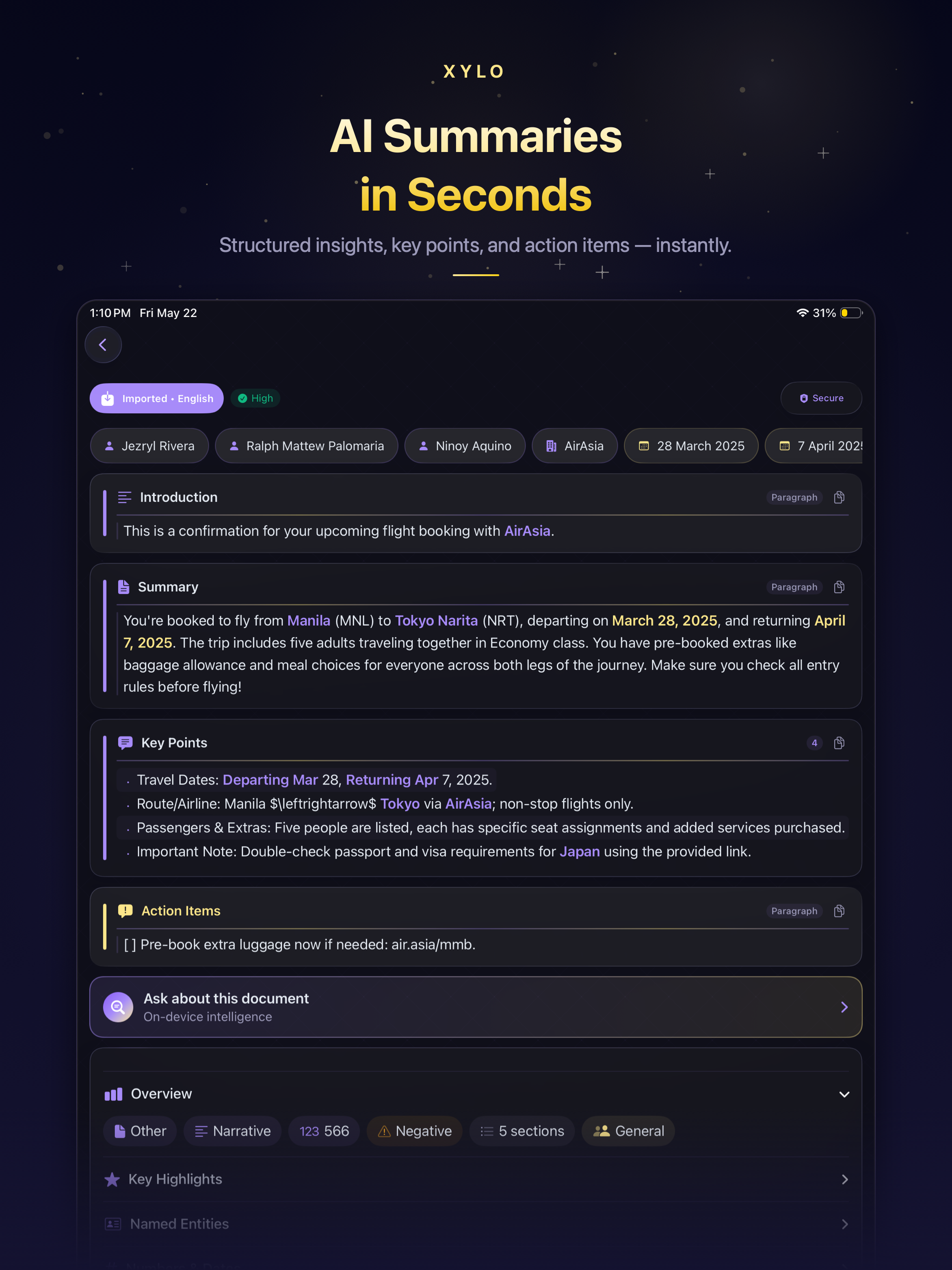 XYLO on iPad — AI Summaries